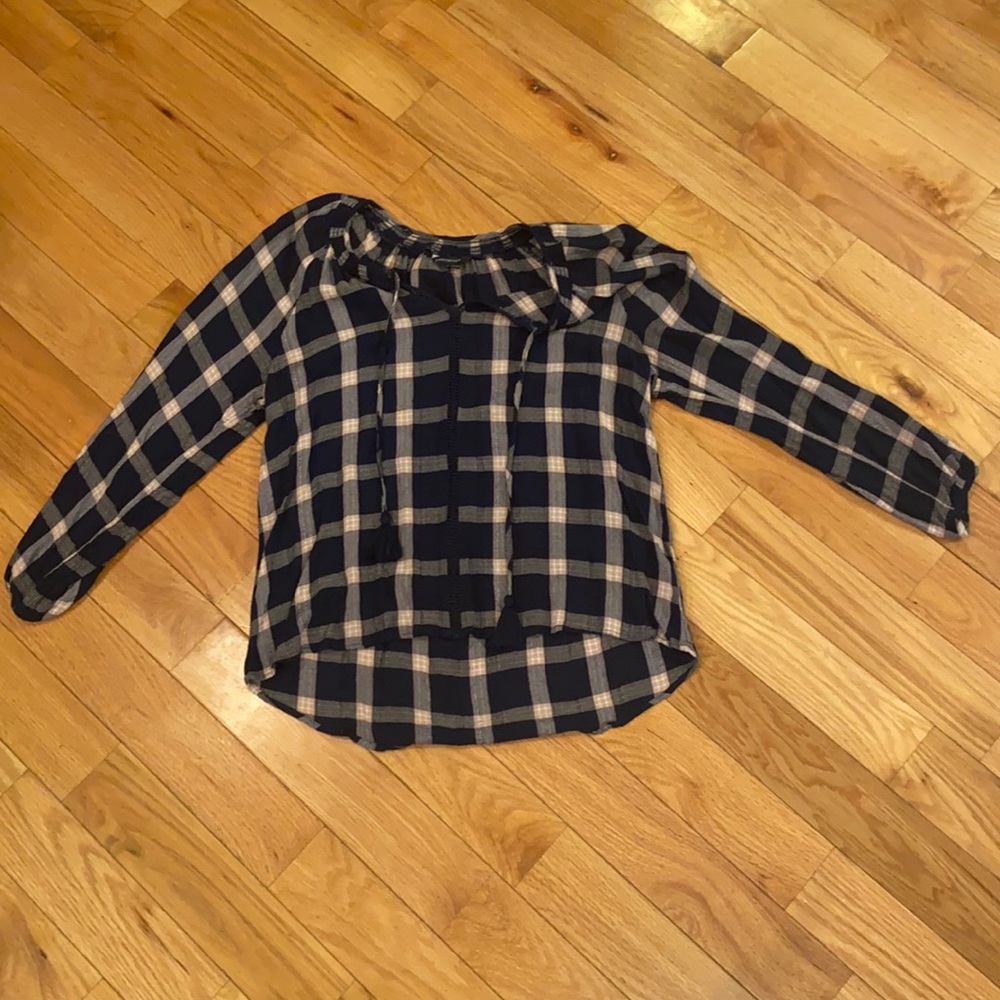 Plaid navy and tan shirt